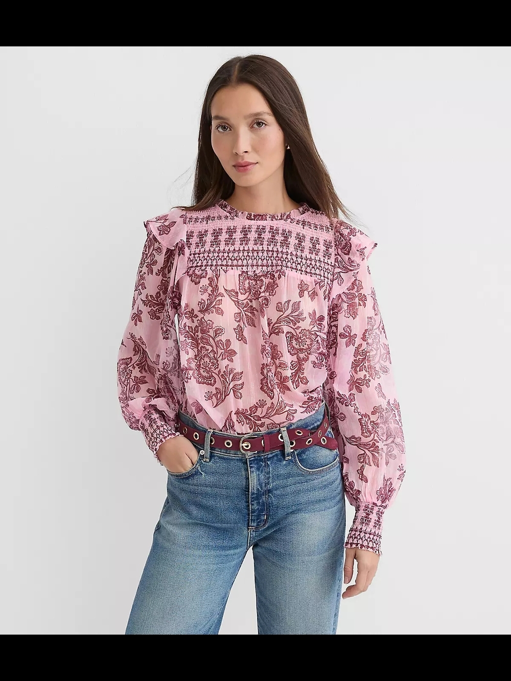 Shimmer Floral Smocked Ruffle Blouse
